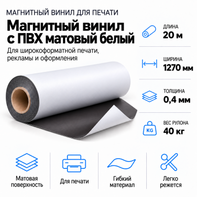 Магнитный винил с ПВХ матовый белый, 20м*1270*0,4мм, PVC-BR,AIC   в Красногорске